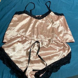 Pink and black lace pajama set